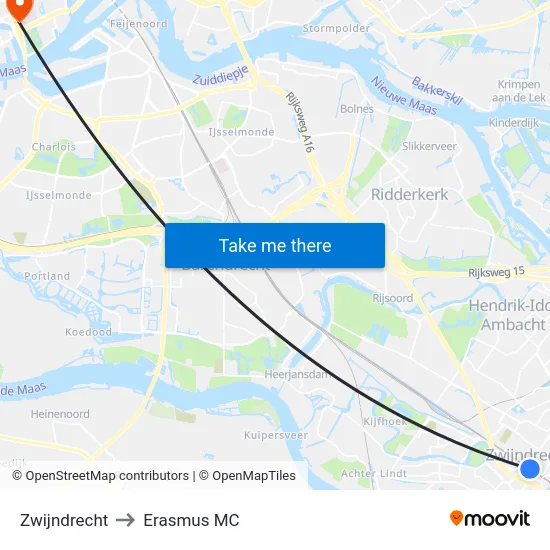 Zwijndrecht to Erasmus MC map