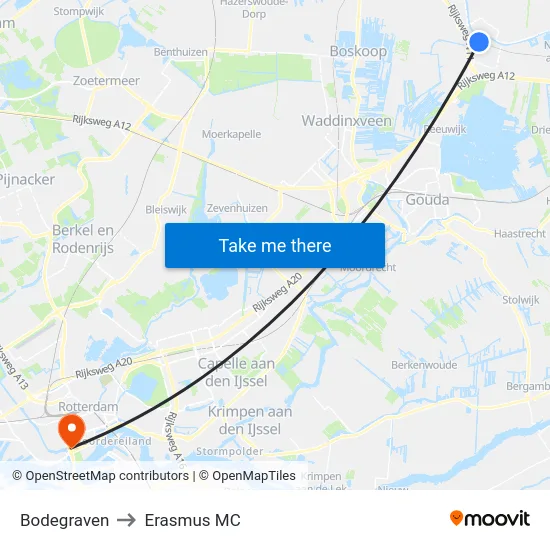 Bodegraven to Erasmus MC map
