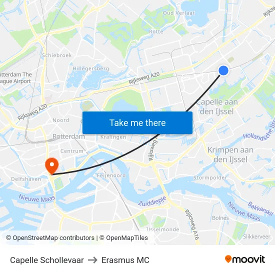 Capelle Schollevaar to Erasmus MC map