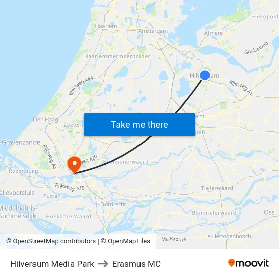 Hilversum Media Park to Erasmus MC map