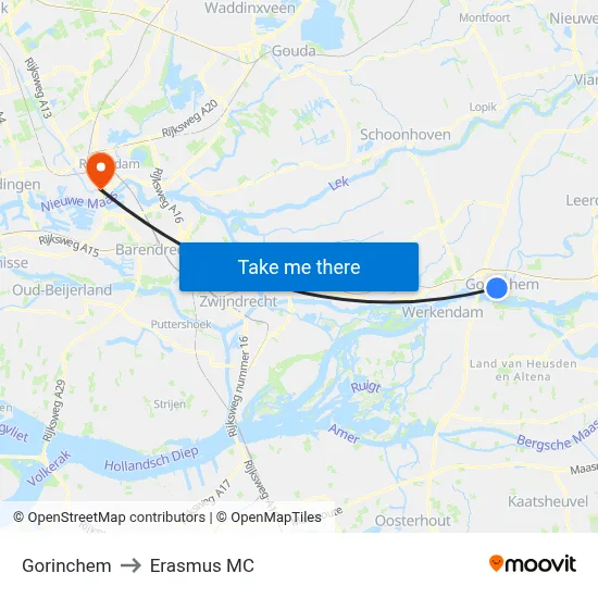 Gorinchem to Erasmus MC map