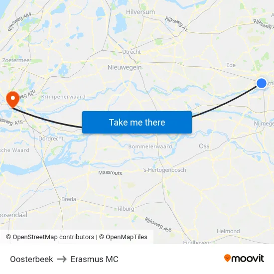 Oosterbeek to Erasmus MC map
