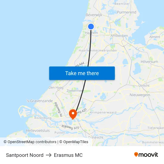 Santpoort Noord to Erasmus MC map