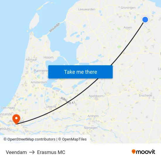 Veendam to Erasmus MC map