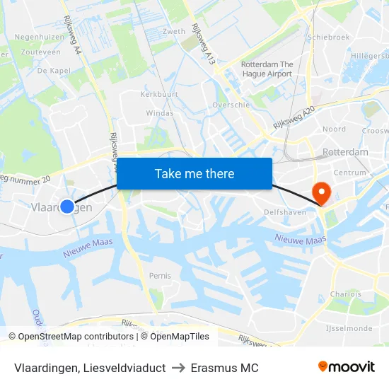 Vlaardingen, Liesveldviaduct to Erasmus MC map