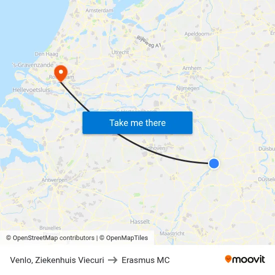 Venlo, Ziekenhuis Viecuri to Erasmus MC map
