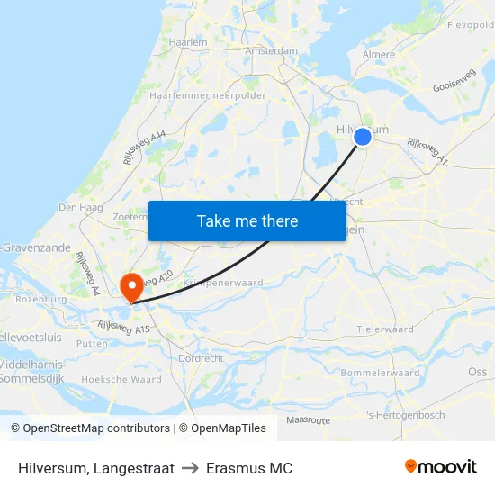 Hilversum, Langestraat to Erasmus MC map