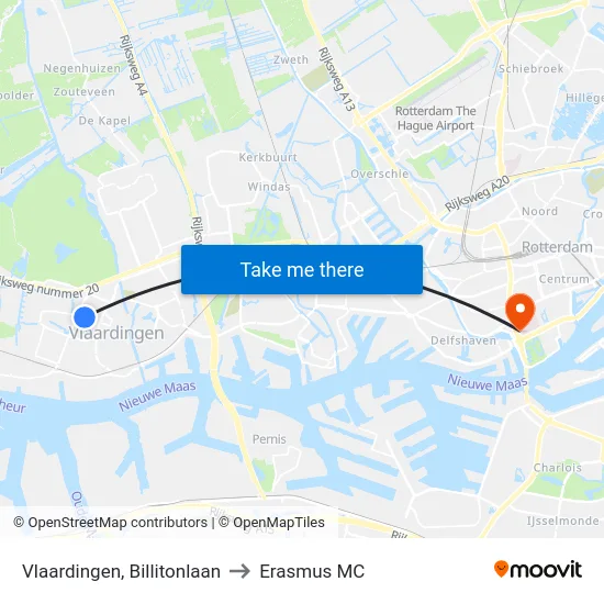 Vlaardingen, Billitonlaan to Erasmus MC map