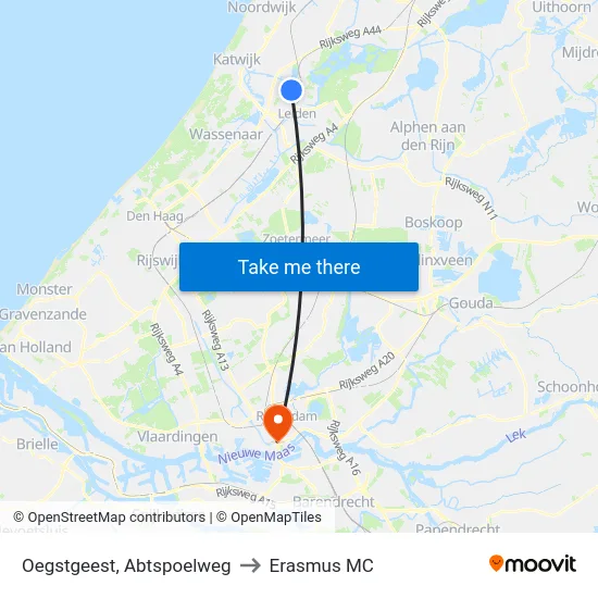 Oegstgeest, Abtspoelweg to Erasmus MC map