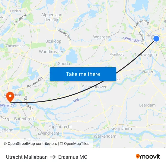 Utrecht Maliebaan to Erasmus MC map