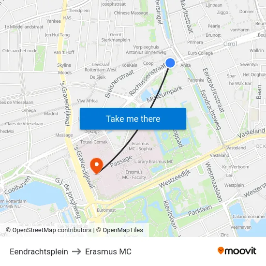 Eendrachtsplein to Erasmus MC map