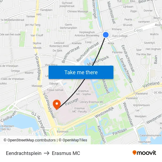 Eendrachtsplein to Erasmus MC map