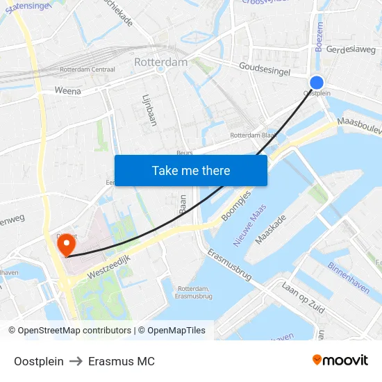 Oostplein to Erasmus MC map