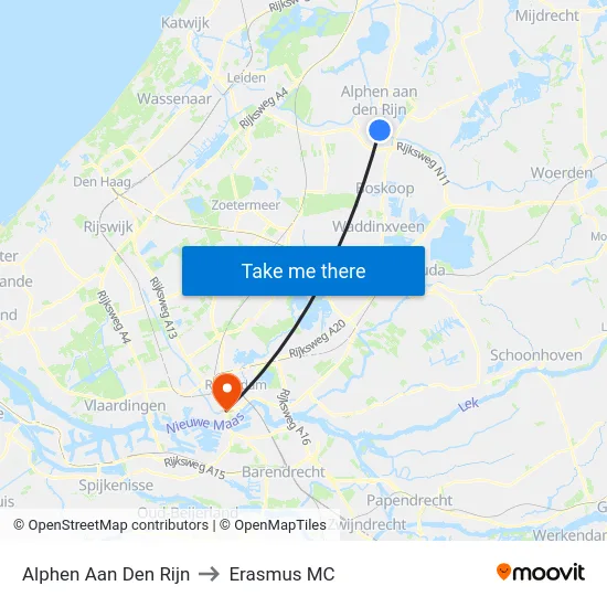 Alphen Aan Den Rijn to Erasmus MC map