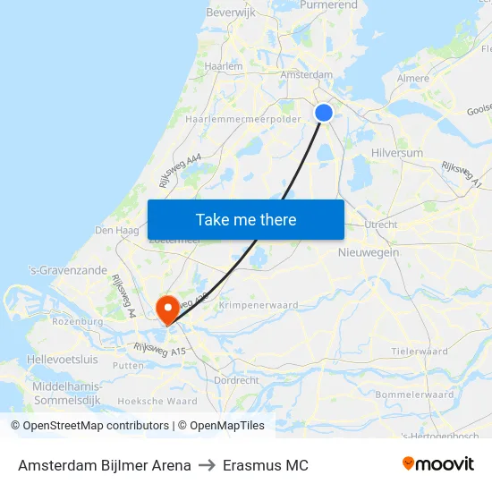 Amsterdam Bijlmer Arena to Erasmus MC map