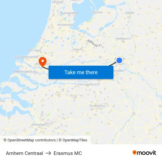 Arnhem Centraal to Erasmus MC map