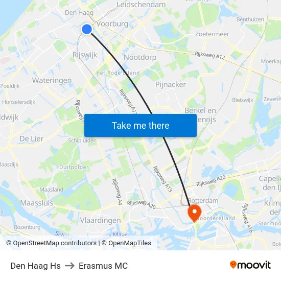 Den Haag Hs to Erasmus MC map