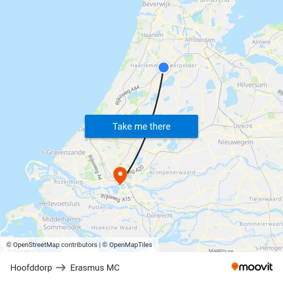 Hoofddorp to Erasmus MC map