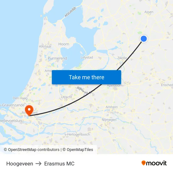 Hoogeveen to Erasmus MC map