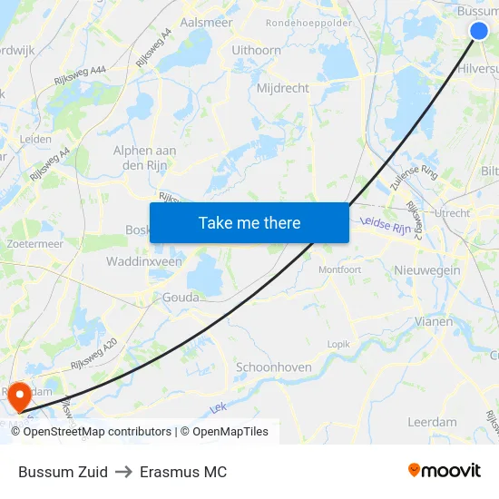 Bussum Zuid to Erasmus MC map