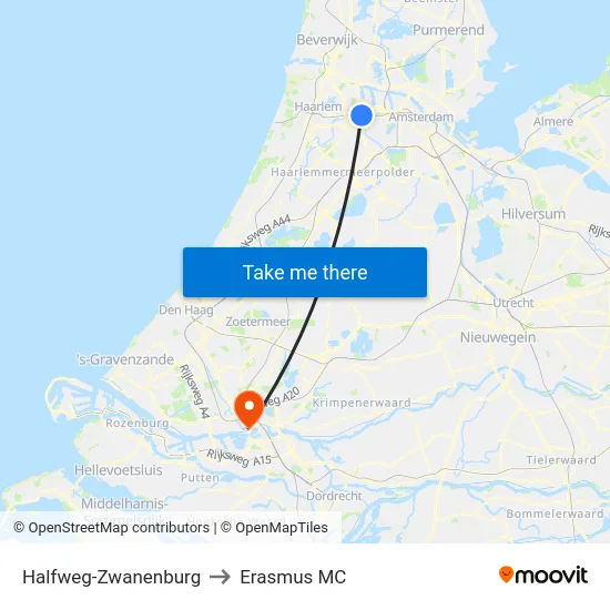Halfweg-Zwanenburg to Erasmus MC map