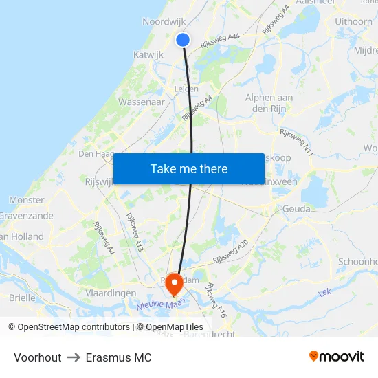 Voorhout to Erasmus MC map