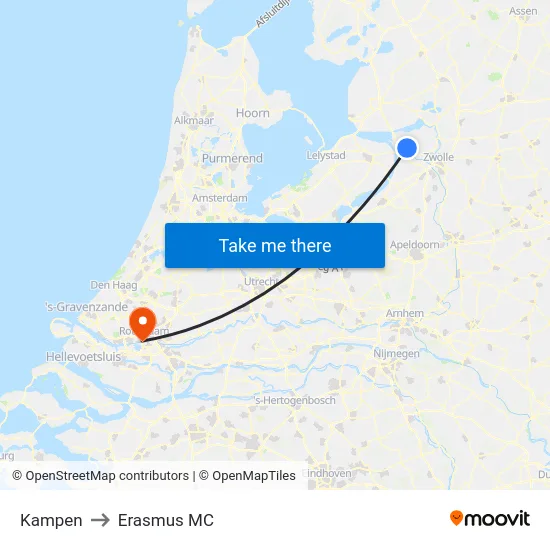 Kampen to Erasmus MC map