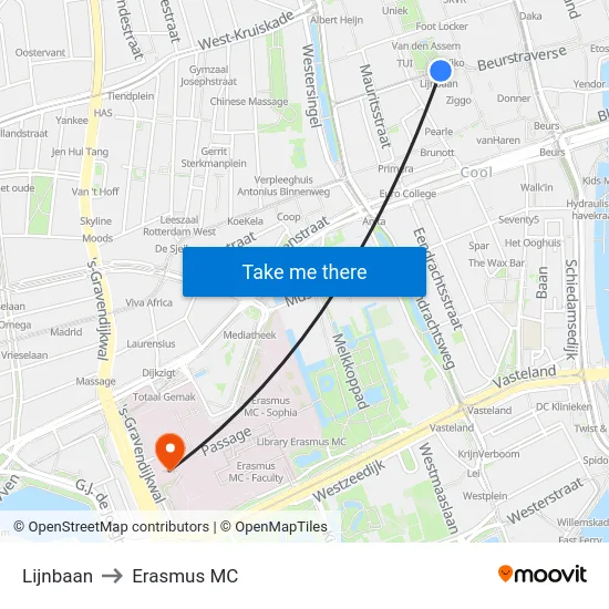 Lijnbaan to Erasmus MC map