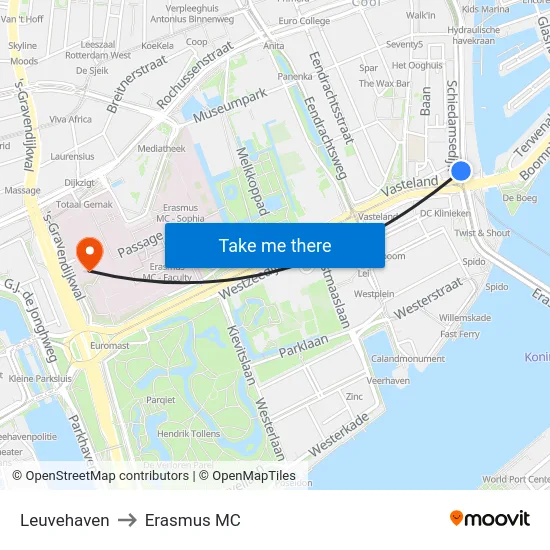 Leuvehaven to Erasmus MC map