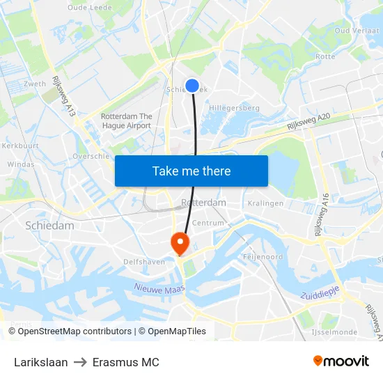 Larikslaan to Erasmus MC map
