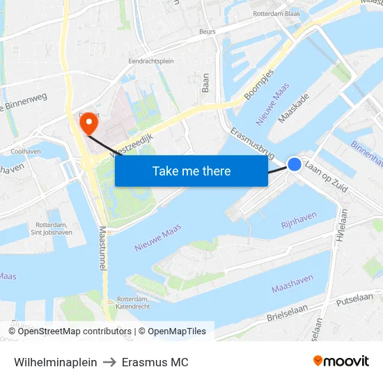 Wilhelminaplein to Erasmus MC map