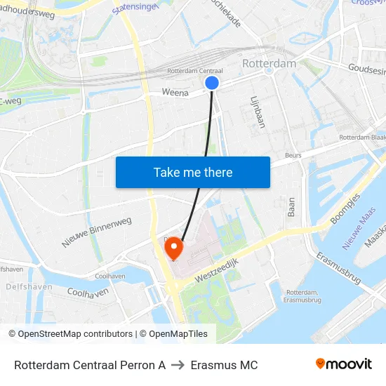 Rotterdam Centraal Perron A to Erasmus MC map