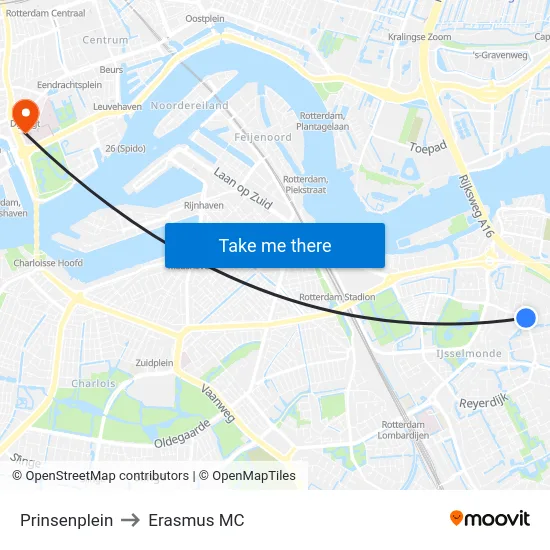 Prinsenplein to Erasmus MC map