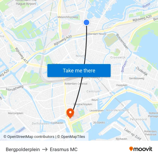 Bergpolderplein to Erasmus MC map