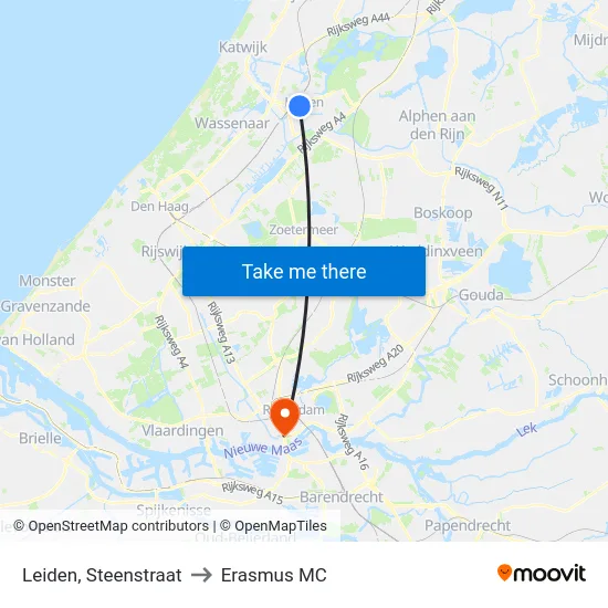 Leiden, Steenstraat to Erasmus MC map
