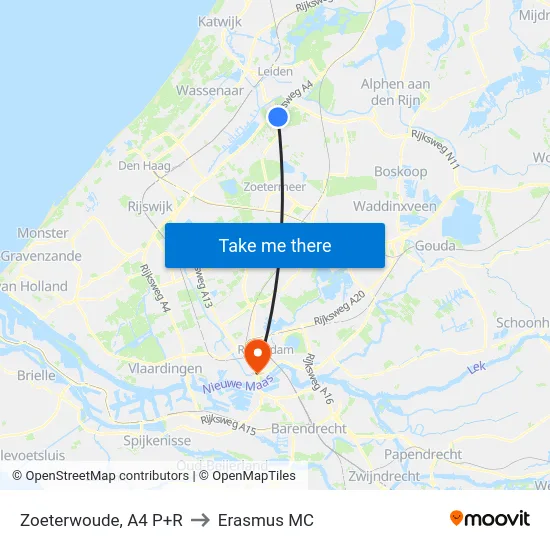 Zoeterwoude, A4 P+R to Erasmus MC map
