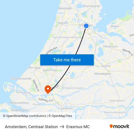 Amsterdam, Centraal Station to Erasmus MC map