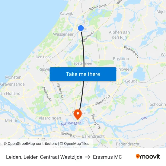 Leiden, Leiden Centraal Westzijde to Erasmus MC map