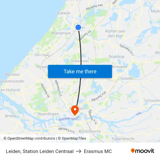 Leiden, Station Leiden Centraal to Erasmus MC map