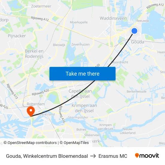 Gouda, Winkelcentrum Bloemendaal to Erasmus MC map
