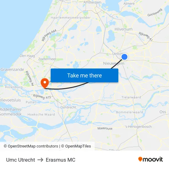 Umc Utrecht to Erasmus MC map