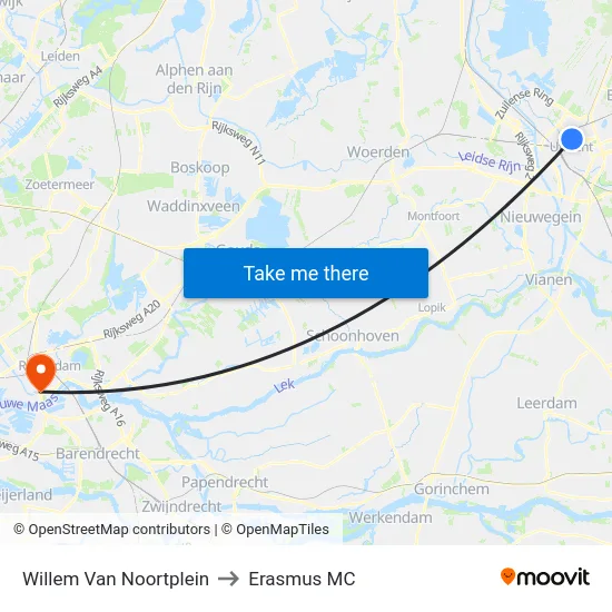 Willem Van Noortplein to Erasmus MC map
