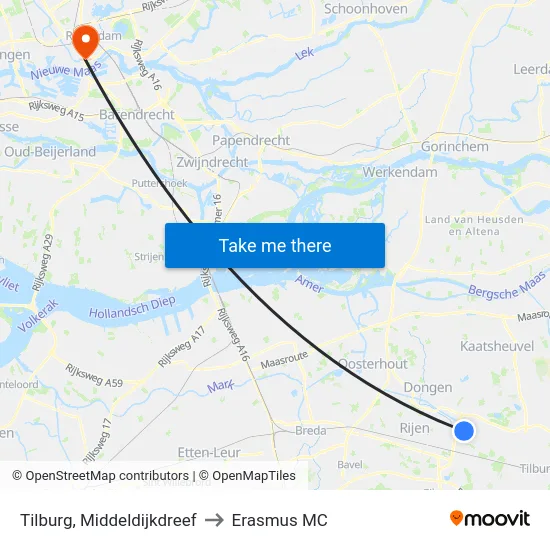 Tilburg, Middeldijkdreef to Erasmus MC map