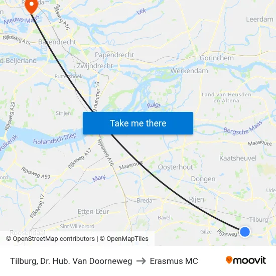 Tilburg, Dr. Hub. Van Doorneweg to Erasmus MC map