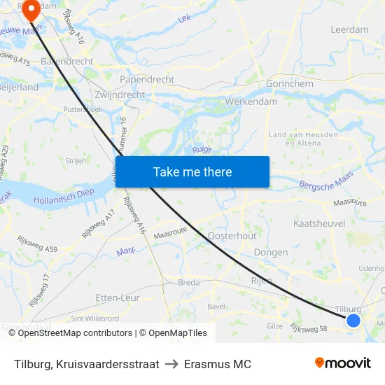 Tilburg, Kruisvaardersstraat to Erasmus MC map