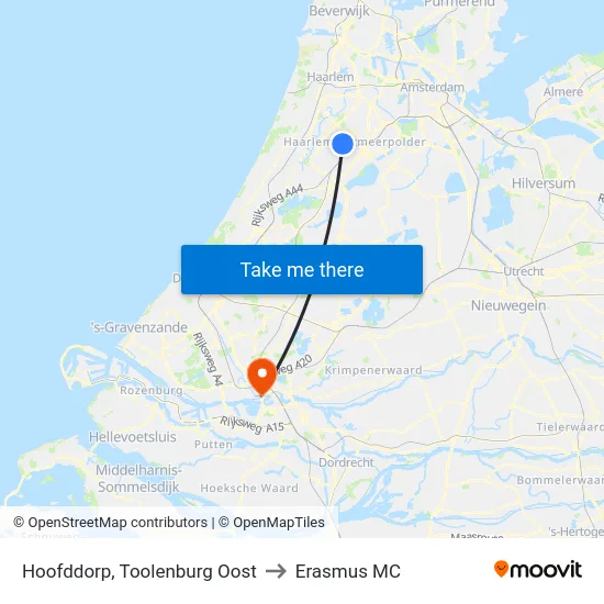 Hoofddorp, Toolenburg Oost to Erasmus MC map