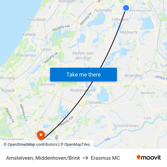 Amstelveen, Middenhoven/Brink to Erasmus MC map