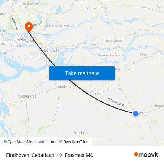 Eindhoven, Cederlaan to Erasmus MC map