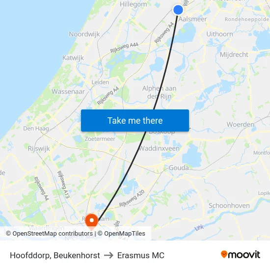 Hoofddorp, Beukenhorst to Erasmus MC map