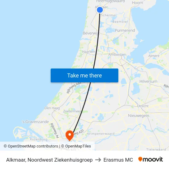 Alkmaar, Noordwest Ziekenhuisgroep to Erasmus MC map